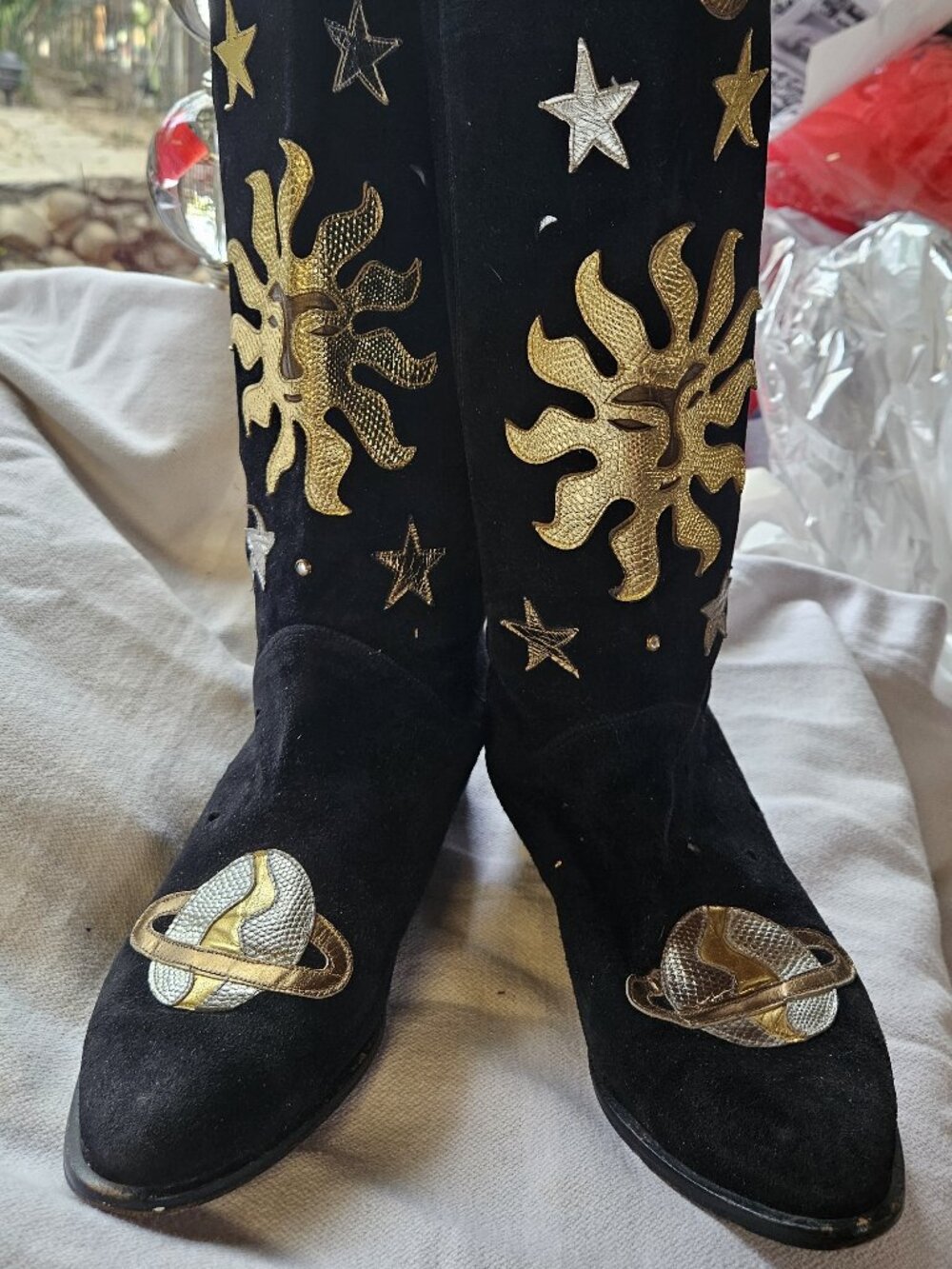 Zalo Celestial 1980s black suede boots incised moons suns planets 7-7.5 free shp